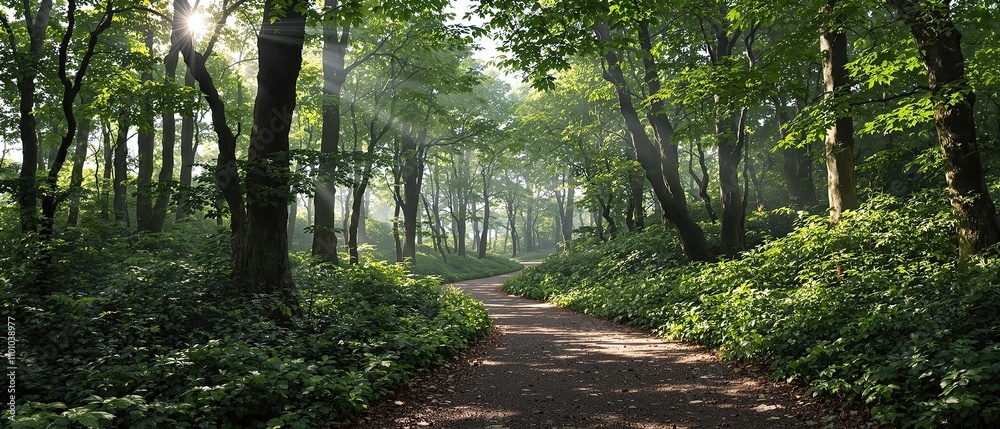 Obraz premium A winding trail leading through a dense forest with dappled sunlight, trail, serene
