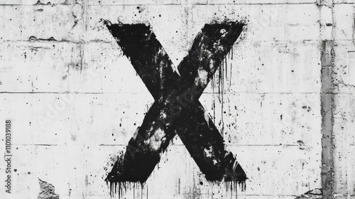 Grunge letter X in bold spray-painted stencil font with drips against a textured, weathered wall backdrop. photo