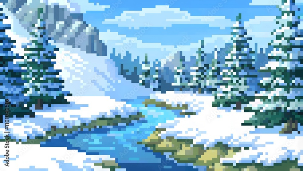 Obraz premium Snow-covered landscape with evergreen trees and a winding stream during daytime pixel art background. 8-bit game assets
