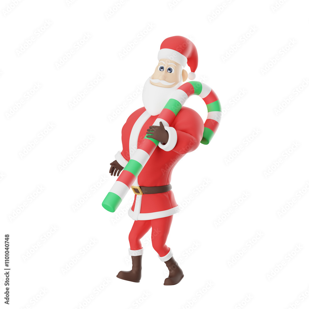 3D Cartoon Santa Claus Character. A male Santa master walks to the right carrying a large Christmas candy cane. Illustration Style 3D Cartoon Santa Claus Character. A male Santa master walks to the right carrying a large Christmas candy cane. Illustration Style