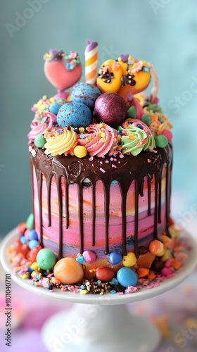 Rainbow Cake with Chocolate Ganache and Candy Decorations photo