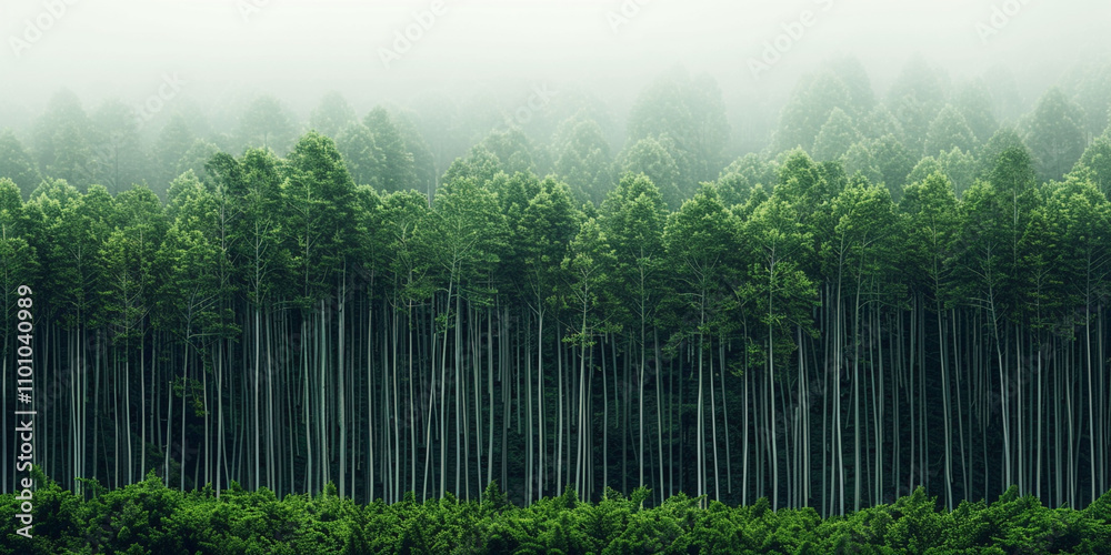 Obraz premium A picturesque forest of straight dark green trees is beautifully contrasted by a white background, creating a modern, serene natural landscape.