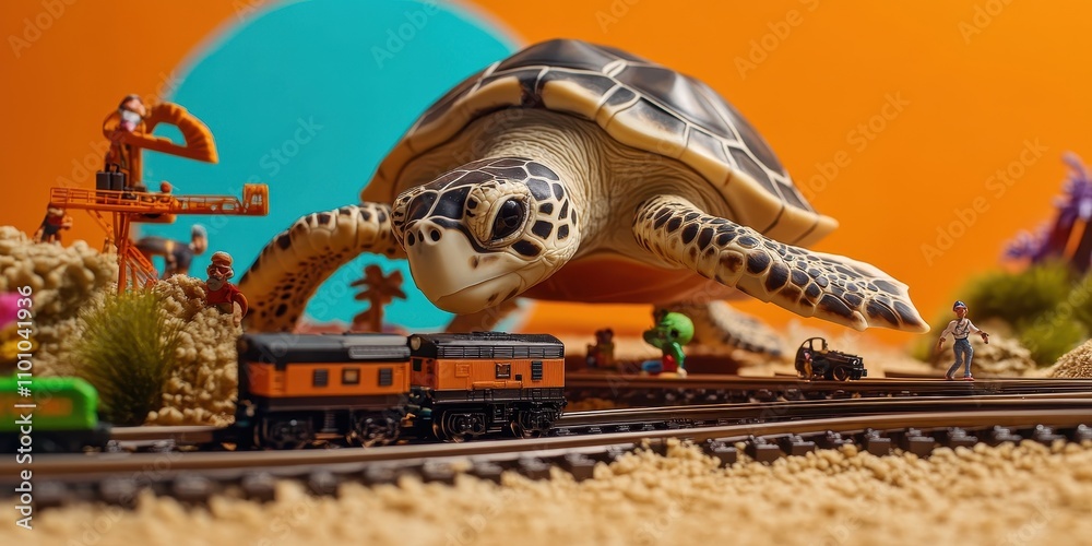 Obraz premium Playful Sea Turtle Interacting with Model Train Scene