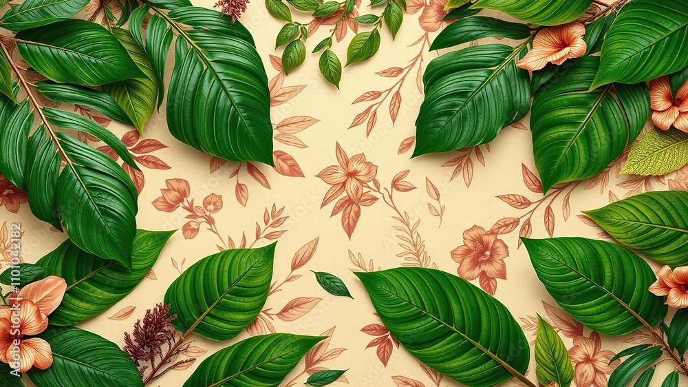 Fototapeta premium Exotic tropical leaves scattered on beige and brown floral background, abstract, foliage