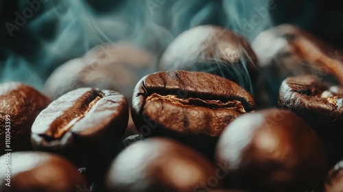 Close-up of freshly roasted dark coffee beans releasing rich aromas and fragrant steam, perfect for coffee lovers to indulge in morning brews.