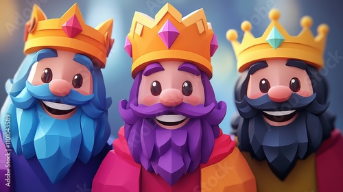 Three colorful cartoon kings with beards and crowns, smiling cheerfully.