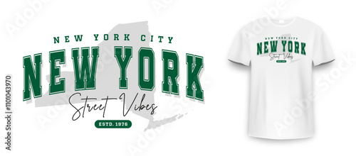 New York t-shirt mockup design. Slogan t-shirt print design in American college style. Athletic typography for tee shirt print in university and college style. Vector