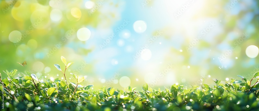Fototapeta premium Vibrant floral panorama with colorful flowers, lush leaves, butterflies, and caterpillars perfect for spring and summer invitations, social media covers, wedding designs, and holiday banners vector.