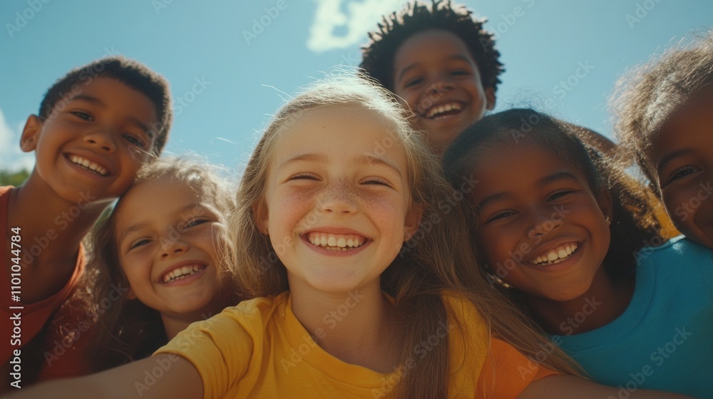 Fototapeta premium A group of children are smiling and posing for a picture