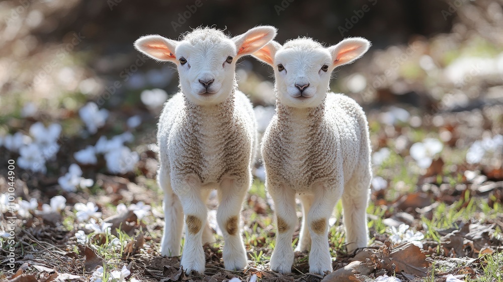 Obraz premium Two adorable lambs standing in a grassy area adorned with white flowers.