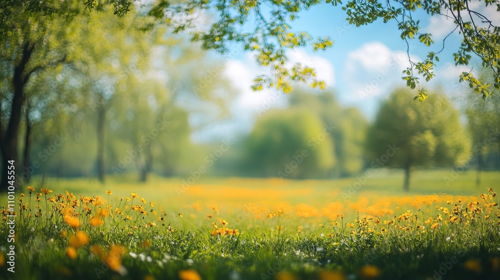 Obraz premium Vibrant spring landscape with blooming meadow, lush green trees, and clear blue sky illuminated by warm sunshine