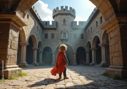 Child dressed in cape explores medieval castle courtyard during sunny day