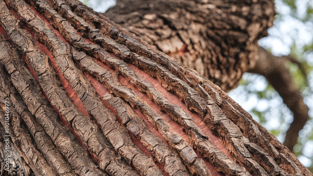 Close-up of Padauk tree bark texture with deep grooves and red undertones, showcasing unique patterns and natural details, perfect for nature backgrounds and organic design elements. Close-up of Padauk tree bark texture with deep grooves and red undertones, showcasing unique patterns and natural details, perfect for nature backgrounds and organic design elements.