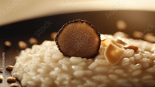 Close-up of a truffle slice elegantly placed on creamy risotto, enhanced by spotlight lighting to emphasize a luxurious fine dining experience.