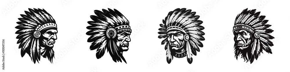 Obraz premium Black and white tribal chief head illustration. Generative AI.
