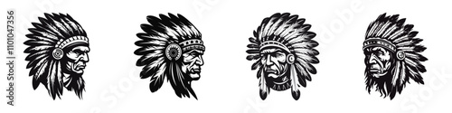 Black and white tribal chief head illustration. Generative AI.
