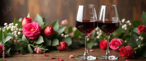 Elegant Wine Glasses on a Rustic Wooden Table Surrounded by Flowers and Festive Decorations photo