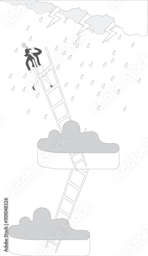 Businesswoman is climbing ladder, dark clouds is raining and Lightning