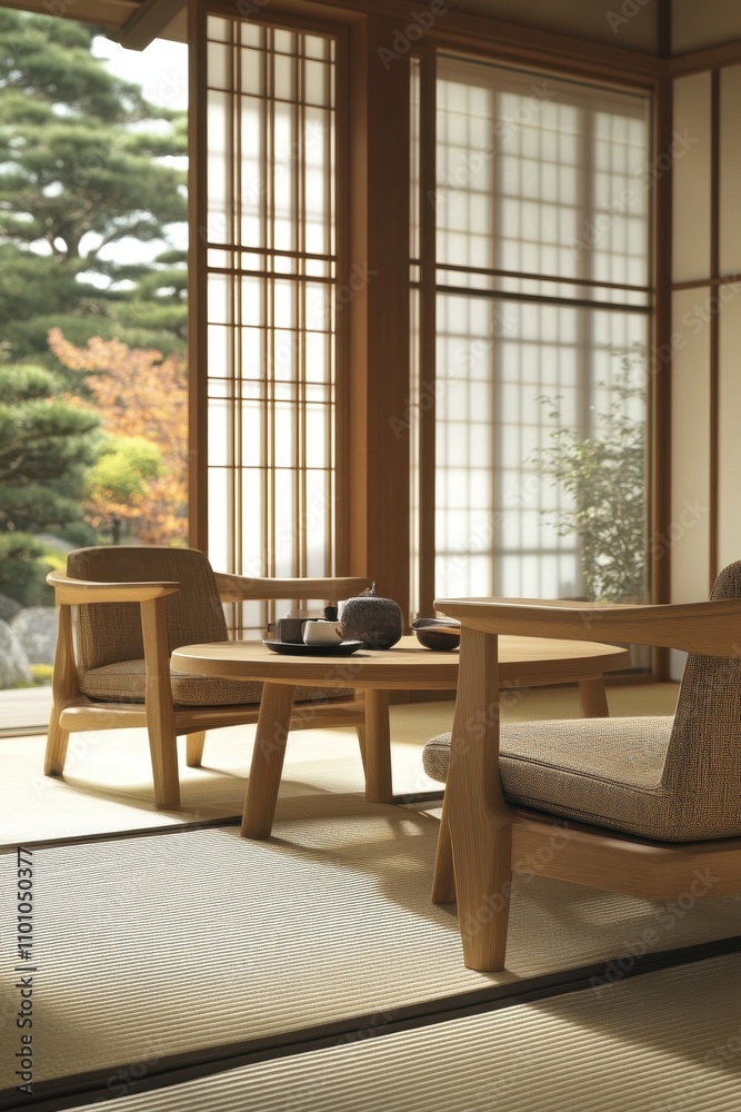 Fototapeta premium Tranquil Japanese-Style Living Space With Autumn Scenery