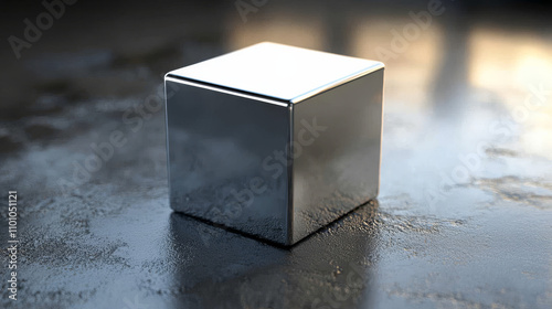 A shiny, gray cube, shown in a 3D picture. photo