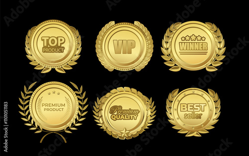 Winner golden badge with stars, laurel wreath, medallion design VIP Top product, Best seller, Premium quality vector set