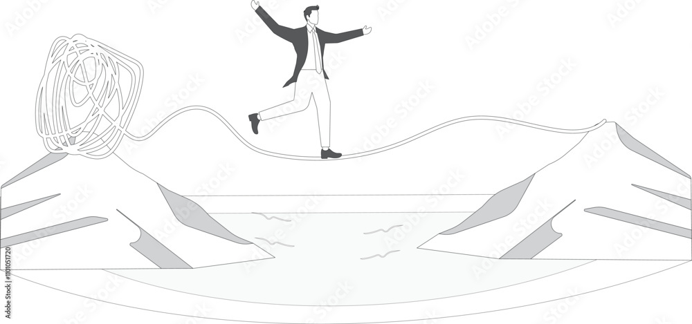 Fototapeta premium Businessman walk on thin rope, escape from tangled messy line