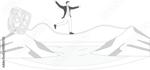 Businessman walk on thin rope, escape from tangled messy line