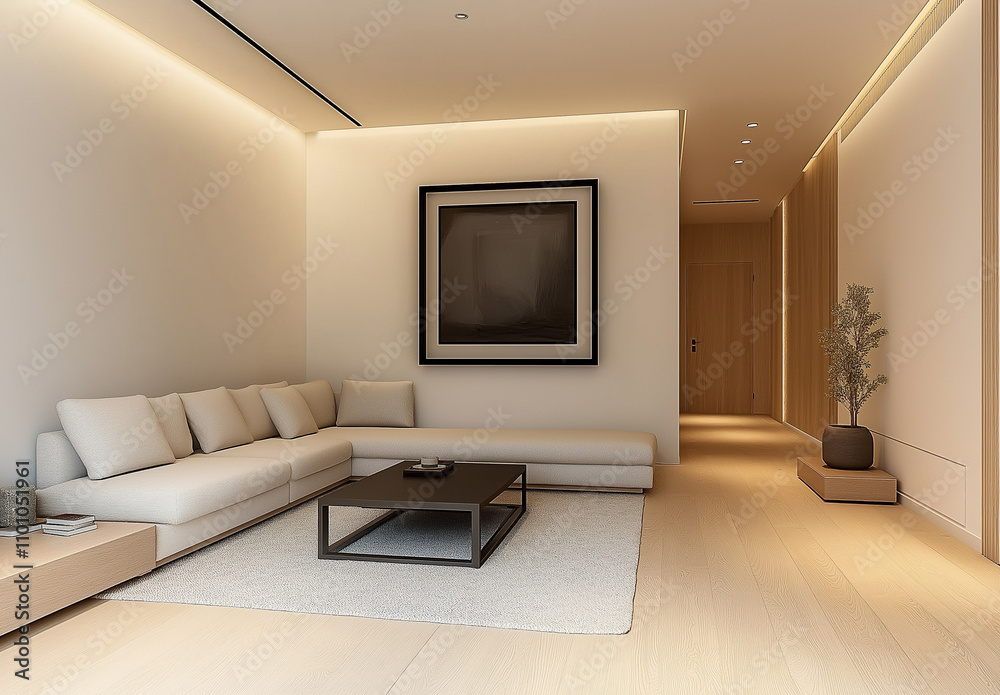 a living room is full of furniture, and an art print hangs on the wall. a living room is full of furniture, and an art print hangs on the wall.