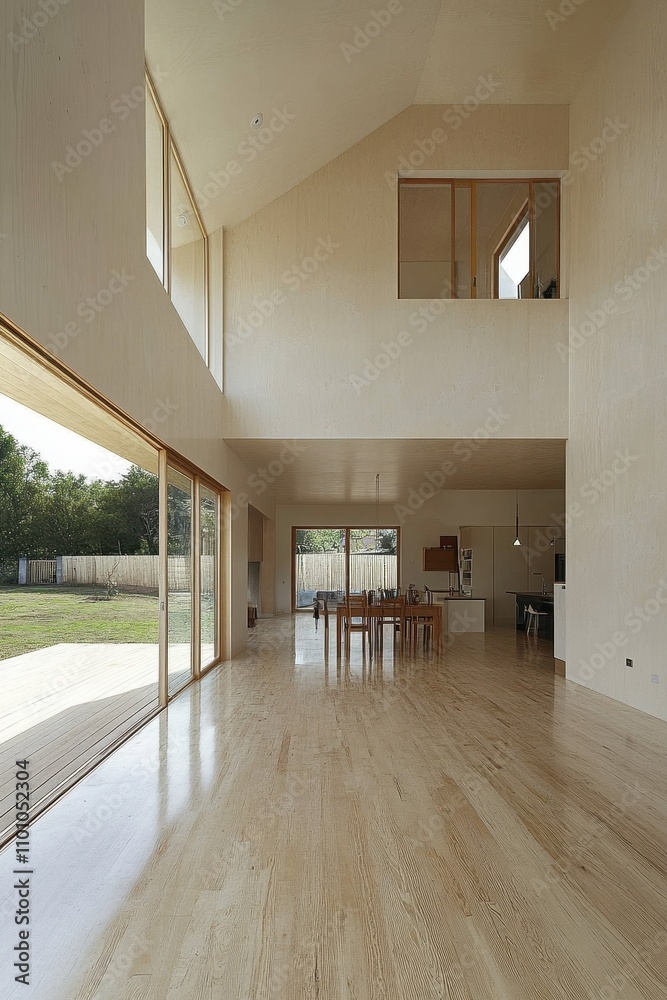 Fototapeta premium Elegant and Spacious Modern Interior with Large Windows and Open Plan Layout