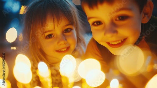 Joyful children smiling while lighting menorah candles, surrounded by a magical bokeh backdrop during a festive celebration. photo