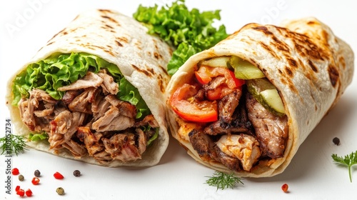 Shawarma and doner kebab wraps filled with fresh greens, tomatoes, and grilled meats, displayed on a clean white background. photo