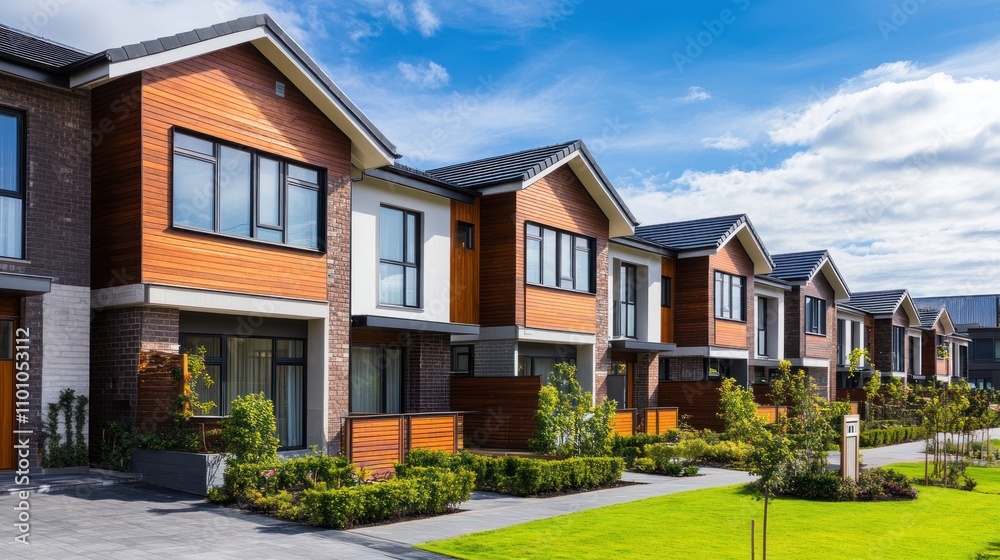 Obraz premium Modern suburban row houses with well-kept gardens under blue sky