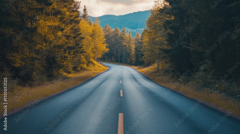 Naklejka premium Winding road through autumn forest with colorful trees