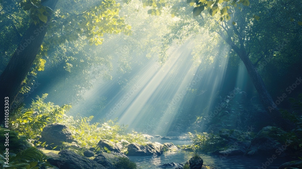 Fototapeta premium Luminous forest landscape with sunbeams filtering through dense leaves over a serene stream surrounded by smooth rocks and lush greenery.