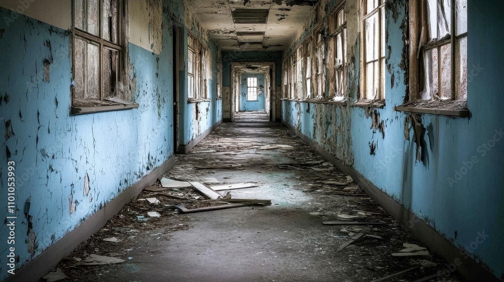 Fototapeta premium Eerie Abandoned Hallway with Crumbling Walls and Broken Windows