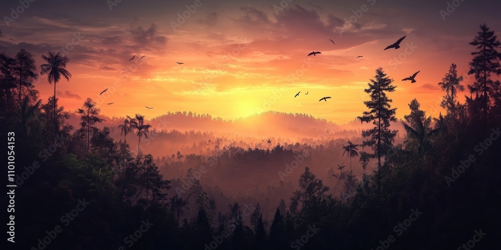 Fototapeta premium A serene landscape featuring silhouettes of trees against a vibrant sunset, with birds soaring through the sky, creating a tranquil atmosphere.