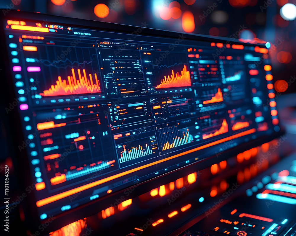 Obraz premium Futuristic computer monitor displaying financial data.