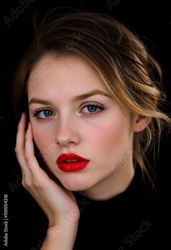 Beautiful Woman Portrait Red Lips Blonde Hair Closeup Face