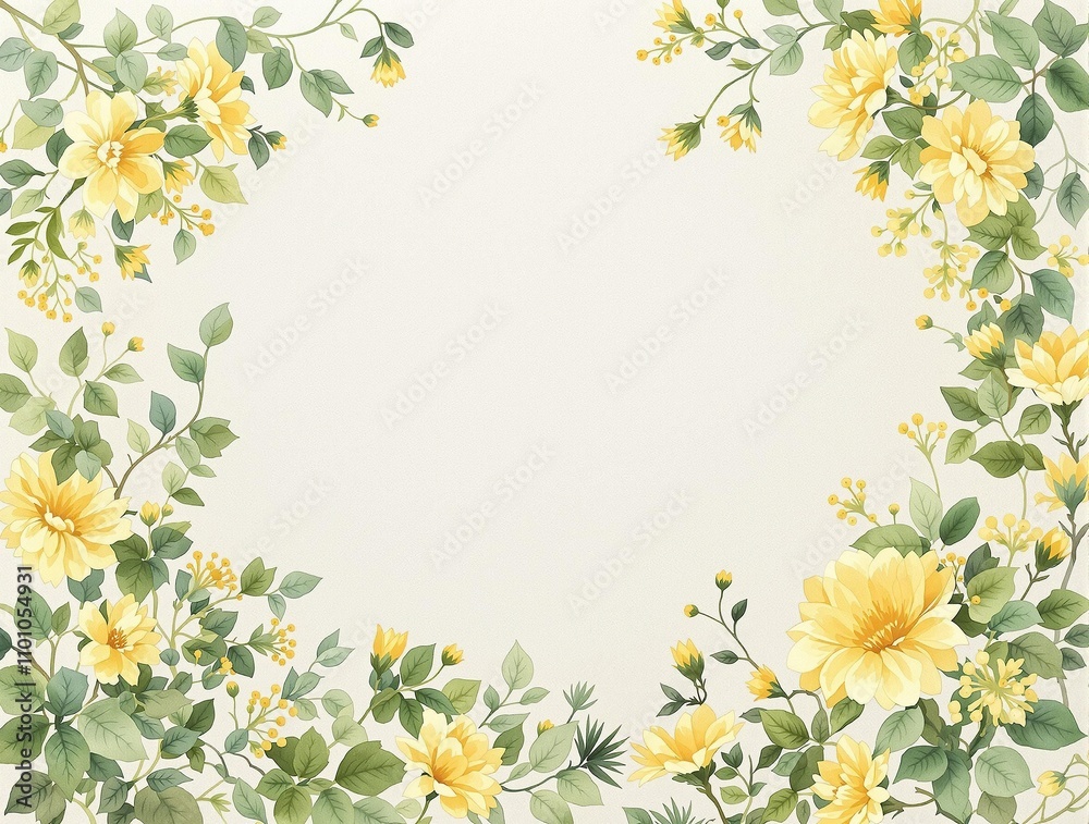 Close up of delicate watercolor green plants and yellow flowers on paper, intricate, handmade, vibrant Close up of delicate watercolor green plants and yellow flowers on paper, intricate, handmade, vibrant
