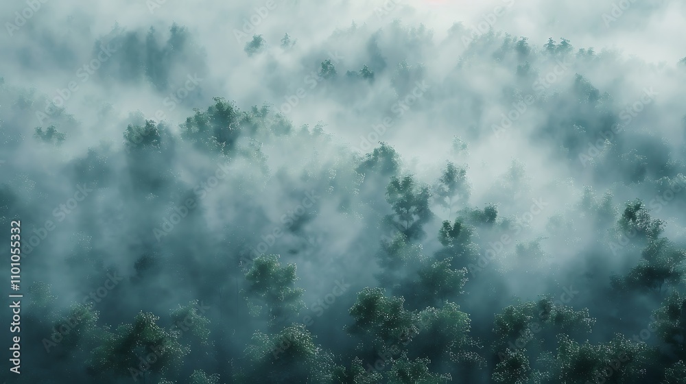 Fototapeta premium treetops in morning mist banner