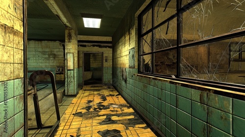 Abandoned Hallway with Cracked Tiles and Broken Windows photo