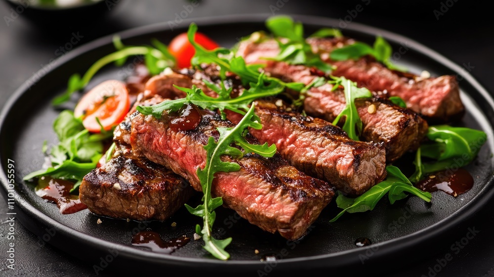 Grilled steak slices beautifully arranged on a black plate, garnished with fresh greens and drizzled with rich sauce for an elegant presentation. Grilled steak slices beautifully arranged on a black plate, garnished with fresh greens and drizzled with rich sauce for an elegant presentation.