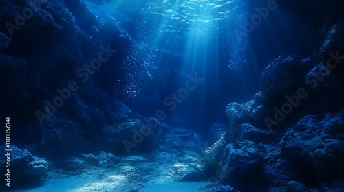 A shaft of sunlight illuminates the dark blue depths of the ocean, revealing a rocky underwater landscape.