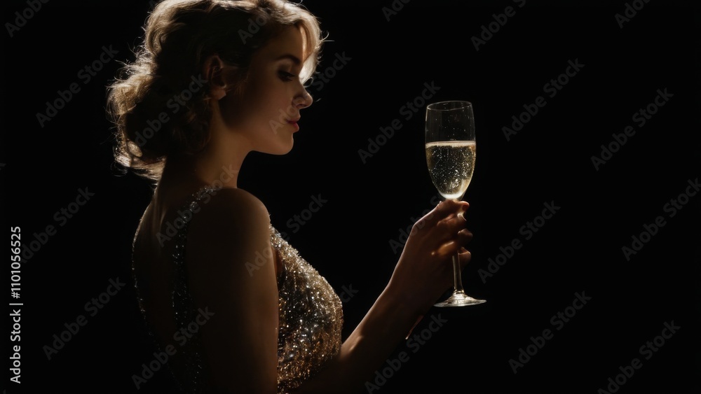 Elegant portrait of woman with champagne glass in hand, standing against black background in sparkly dress, exuding romance. Elegant portrait of woman with champagne glass in hand, standing against black background in sparkly dress, exuding romance.