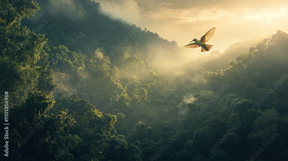 Obraz premium A serene landscape featuring lush greenery under a golden sky, with a bird soaring through the mist, creating a tranquil and enchanting atmosphere.