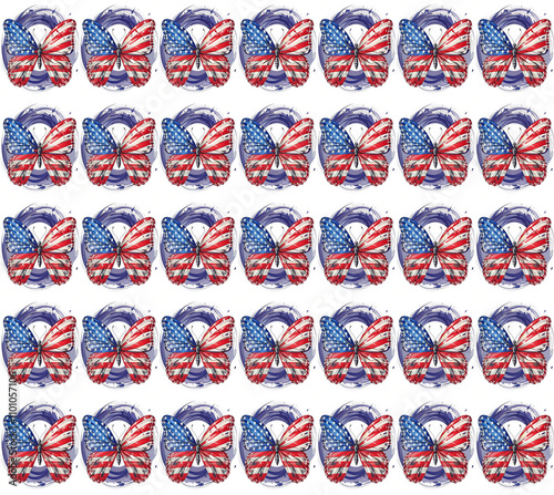 Patriotic Butterfly Inflatables:  A seamless pattern featuring a vibrant American flag butterfly design, perfect for creating festive backdrops or decorating your next patriotic event. photo