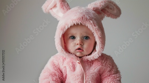 A fluffy pink bunny costume for babya??s first Halloween photo