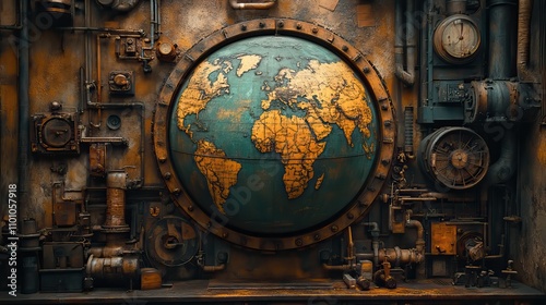 The earth, partially overtaken by steampunk technology, serves as a striking visual of our reliance on advanced systems amid climate challenges.