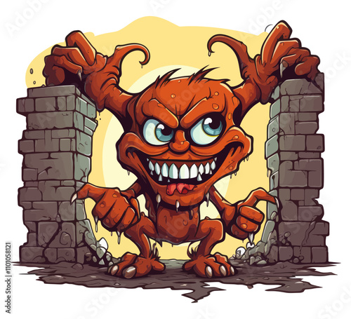 Orange imp smashing stone walls with a menacing expression. Generative AI.