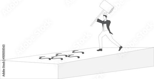 Businessman with a hammer and a bent nail
